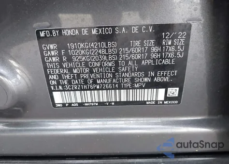 2023 Honda Hr-V 2Wd Ex-L z USA, uszkodzony, nr VIN 3CZRZ1H76PM726614
